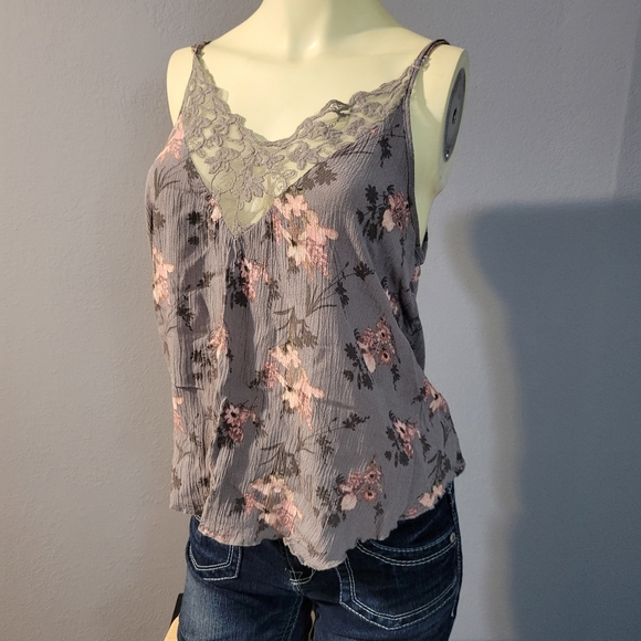 Self Esteem Purplish Gray Floral Lace Double V-Neck Cami Tank Top - Picture 3 of 6